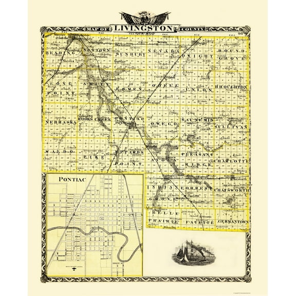 Historic County Map - Livingston County Illinois - Warner 1870 - 23 x 28.32 - Vintage Wall Art