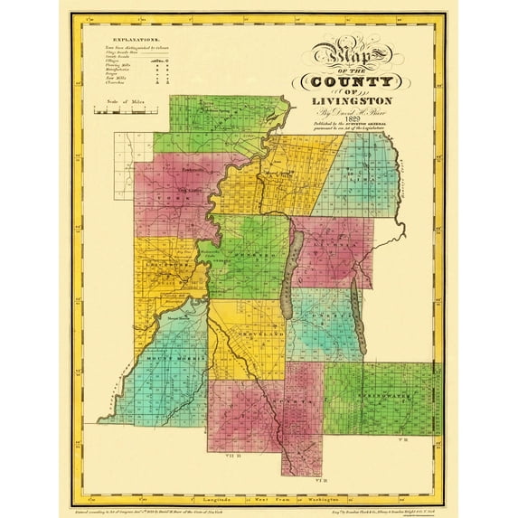 Historic County Map - Livingston County New York - Burr 1829 - 23 x 29.75 - Vintage Wall Art