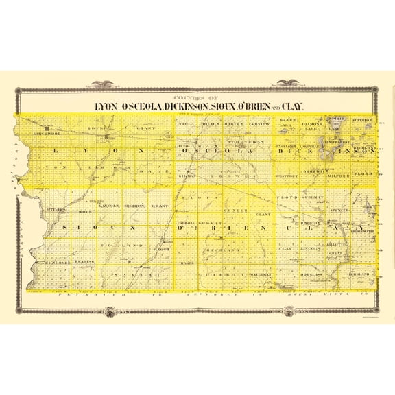 Historic County Map- Lyon Osceola Dickinson Sioux Obrien Clay Iowa - Andreas 1874