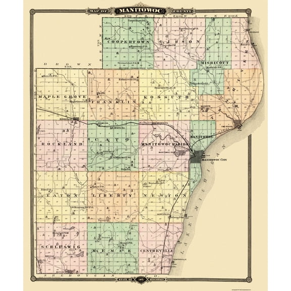 Historic County Map - Manitowoc County Wisconsin - Snyder 1878 - 23 x 27.38 - Vintage Wall Art