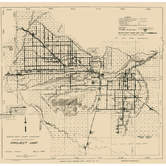 Historic County Map - Maricopa County Arizona Hwy Project - 1919 - Vintage Wall Art
