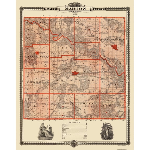 Historic County Map - Marion County Iowa - Shober 1875 - Vintage Wall Art