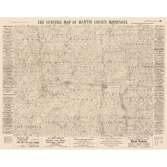 Historic County Map - Martin County Minnesota - Day 1901 - Vintage Wall Art
