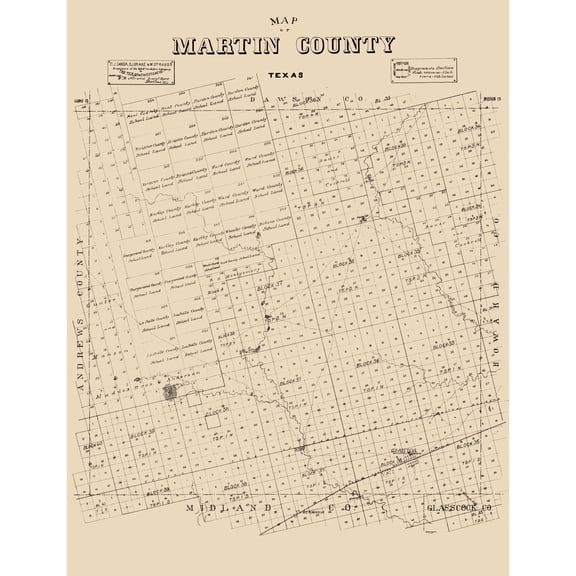 Historic County Map - Martin County Texas - Abrams 1894 - 23 x 29.94 - Vintage Wall Art