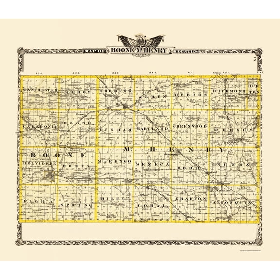 Historic County Map - Mchenry Boone Counties Illinois - Warner 1870 - 23 x 26.61 - Vintage Wall Art