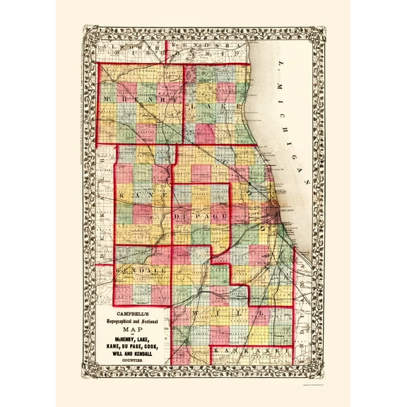 Historic County Map - Mchenry Kane Cook Will Counties Illinois - Campbell 1870 - 23 x 31.73 - Vintage Wall Art