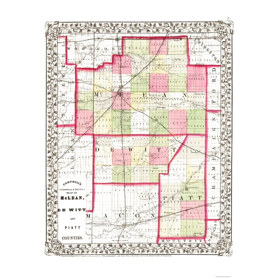 Historic County Map - Mclean Piatt DeWitt Counties Illinois - Campbell 1870 - 23 x 28.24 - Vintage Wall Art