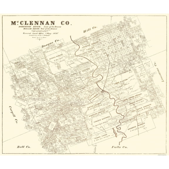 Historic County Map - Mclennan County Texas - General Land Office 1878 - 27.31 x 23 - Vintage Wall Art