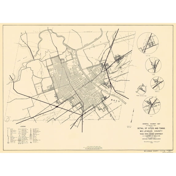 Historic County Map- Mclennan County Texas - Highway Department 1936 - Vintage Wall Art