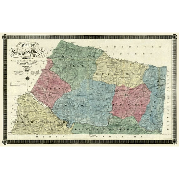 Historic County Map - Mecklandburg County Virginia - Finch 1870 - Vintage Wall Art