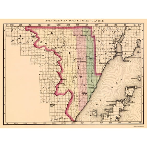 Historic County Map - Menominee County Michigan - Walling 1873 - 23 x 30.78 - Vintage Wall Art