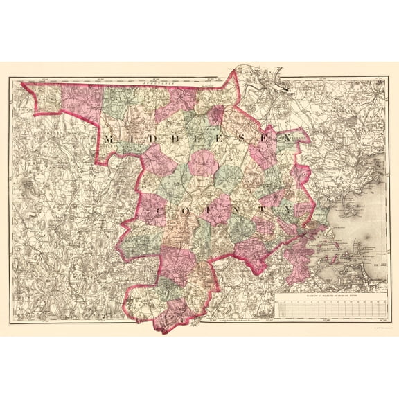 Historic County Map - Middlesex County Massachusetts - Walling 1871 - 23 x 33.33 - Vintage Wall Art