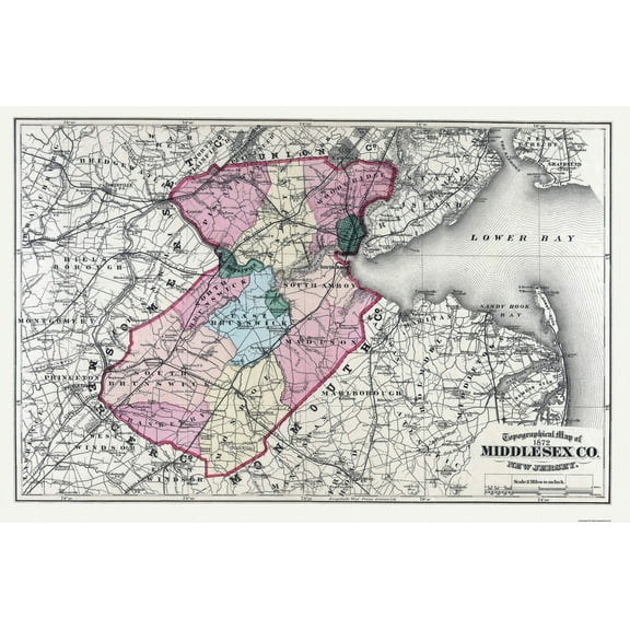 Historic County Map - Middlesex County New Jersey - Beers 1872 - 34.69 x 23 - Vintage Wall Art