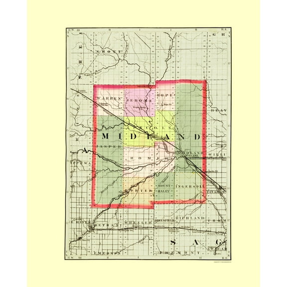 Historic County Map - Midland County Michigan - Walling 1873 - 23 x 28.30 - Vintage Wall Art