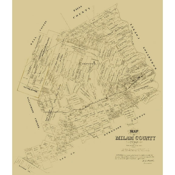 Historic County Map - Milam County Texas - Walsh 1879 - 23 x 26.71 - Vintage Wall Art