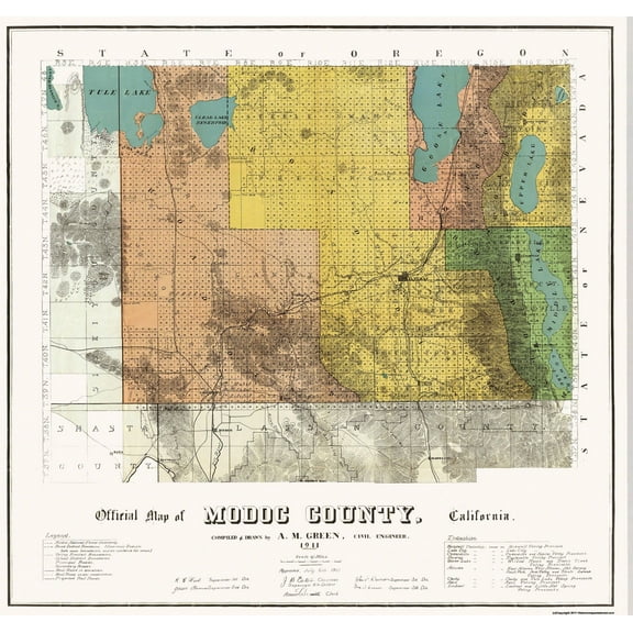 Historic County Map - Modoc County California - Green 1911 - 24.31 x 23 - Vintage Wall Art