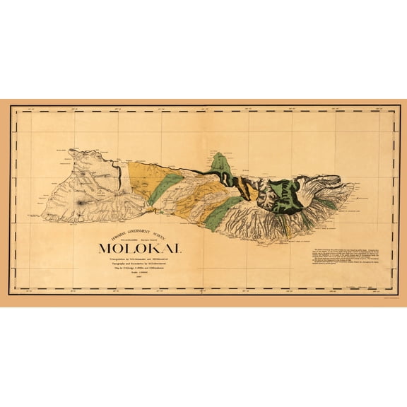 Historic County Map - Molokai County Hawaii - Willis 1897 - 23 x 44.83 - Vintage Wall Art