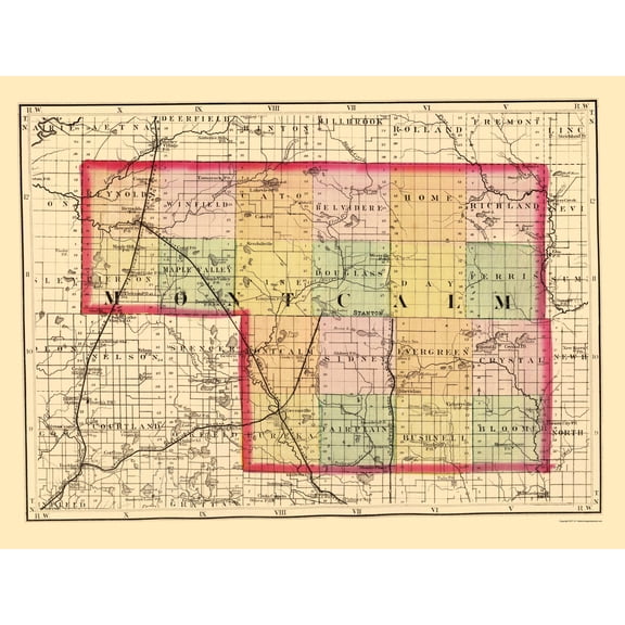 Historic County Map - Montcalm County Michigan - Walling 1873 - 23 x 30.35 - Vintage Wall Art