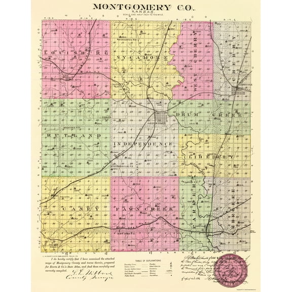 Historic County Map - Montgomery County Kansas - Everts 1887 - 23 x 29.20 - Vintage Wall Art