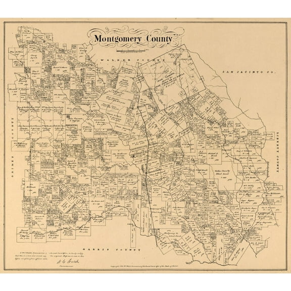 Historic County Map - Montgomery County Texas - Walsh 1880 - 26.18 x 23 - Vintage Wall Art
