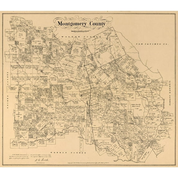 Historic County Map - Montgomery County Texas - Walsh 1880 - Vintage Wall Art