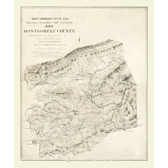 Historic County Map - Montgomery County Virginia - Gilmer 1864 - 27.59 x 23 - Vintage Wall Art