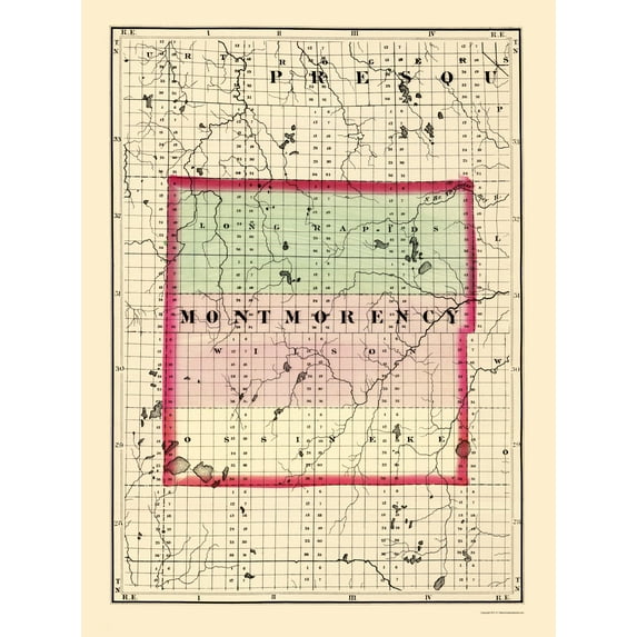 Historic County Map - Montmorency County Michigan - Walling 1873 - Vintage Wall Art