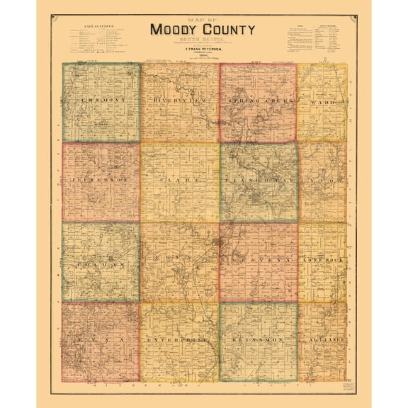 Historic County Map - Moody County South Dakota - Peterson 1896 - Vintage Wall Art