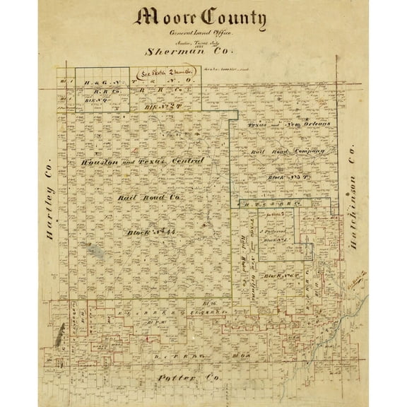 Historic County Map - Moore County Texas - General Land Office 1884 - 23 x 28.27 - Vintage Wall Art