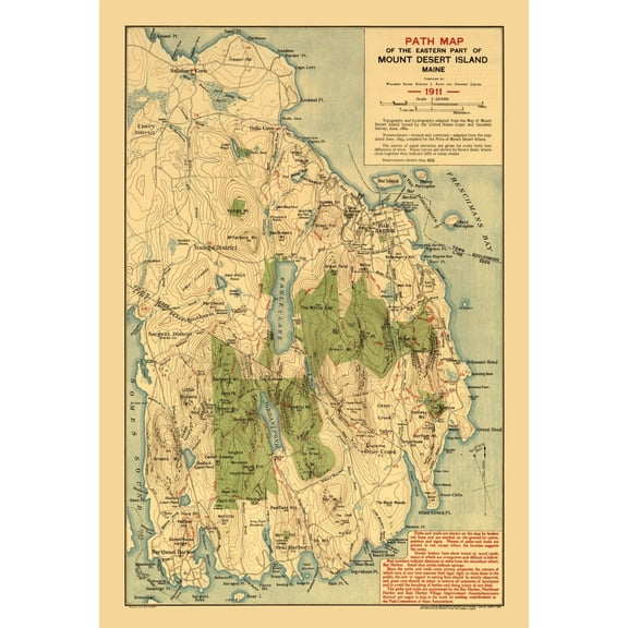 Historic County Map - Mount Desert Island Maine - Jaques 1911 - 23 x 33.62 - Vintage Wall Art