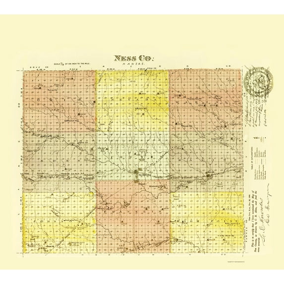 Historic County Map - Ness County Kansas - Everts 1887 - 23 x 25.55 - Vintage Wall Art