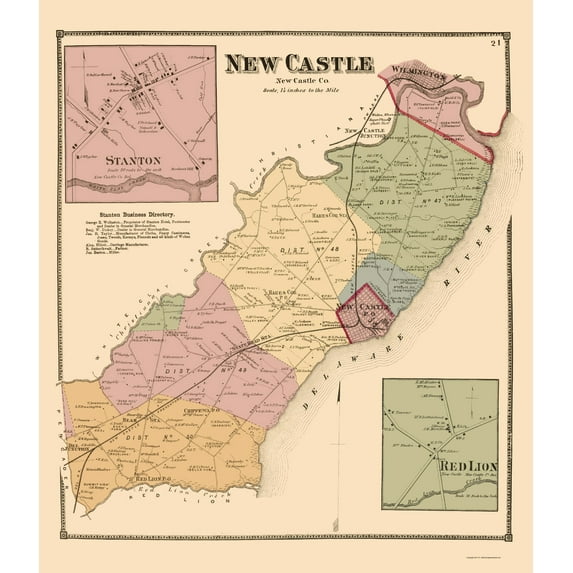Historic County Map - New Castle County Delaware - Beers 1868 - 23 x 26.66 - Vintage Wall Art