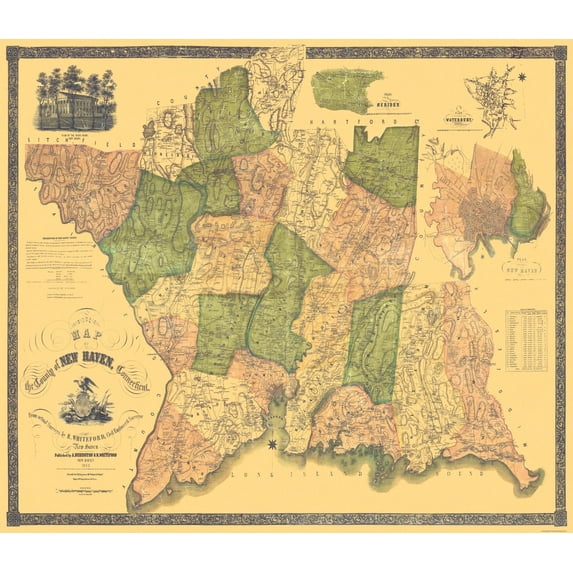 Historic County Map - New Haven County Connecticut - Whiteford 1852 - 26.69 x 23 - Vintage Wall Art