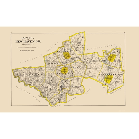 Historic County Map - New Haven County North Connecticut - Hurd 1893 - 23 x 37.16 - Vintage Wall Art