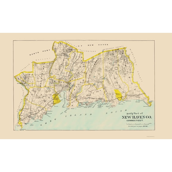 Historic County Map - New Haven County South Connecticut - Hurd 1893 - 23 x 37.16 - Vintage Wall Art
