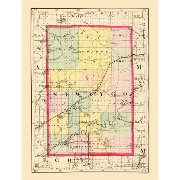 Historic County Map - Newaygo County Michigan - Walling 1873 - 23 x 30.23 - Vintage Wall Art