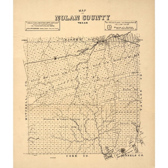 Historic County Map - Nolan County Texas - General Land Office 1890 - 23 x 27.24 - Vintage Wall Art