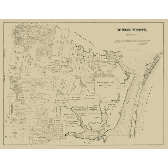 Historic County Map - Nueces County Texas - Walsh 1879 - 29.70 x 23 - Vintage Wall Art