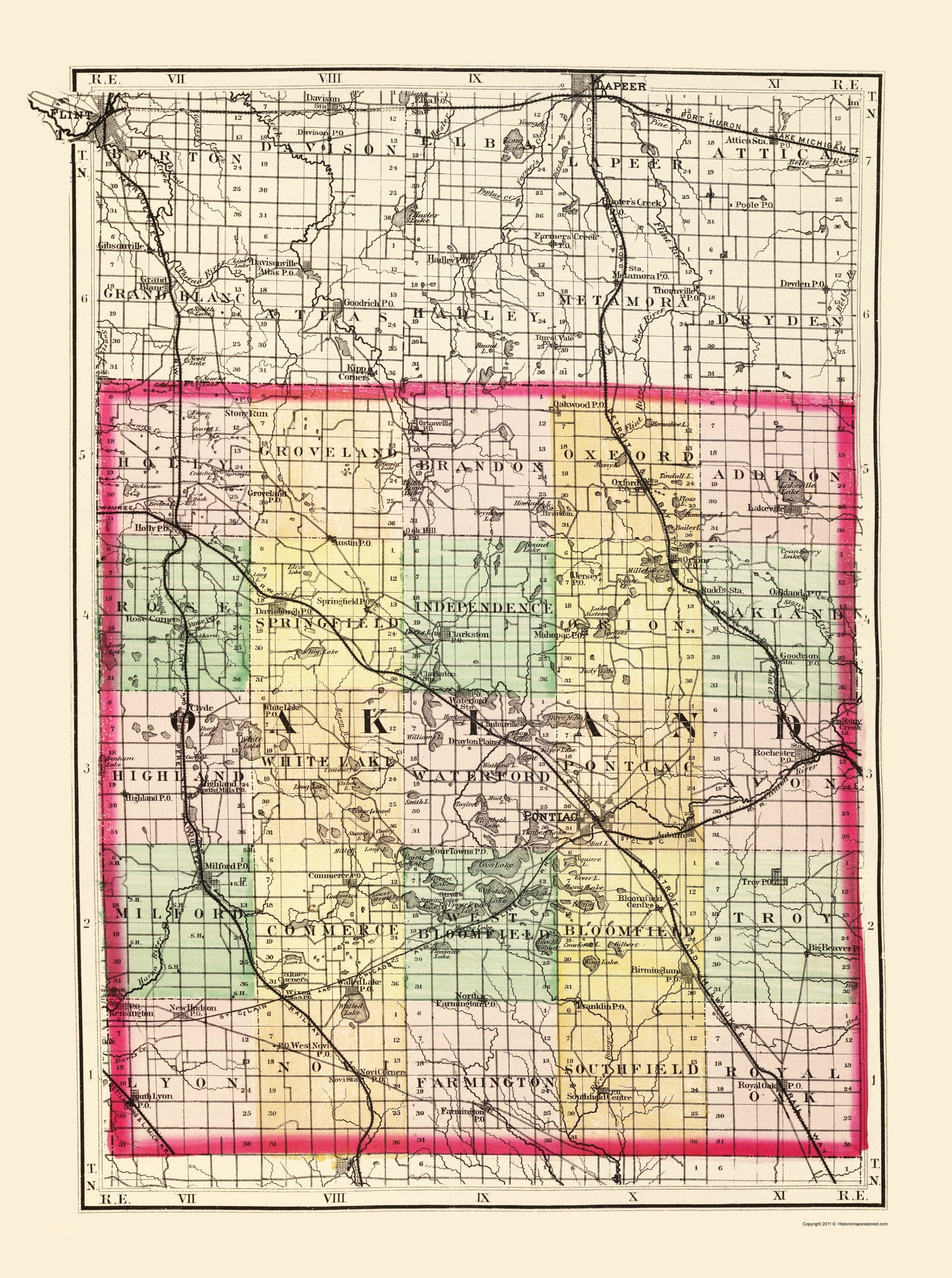 Historic County Map Oakland County Michigan Walling 1873 23