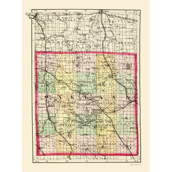 Historic County Map - Oakland County Michigan - Walling 1873 - 23 x 30.85 - Vintage Wall Art