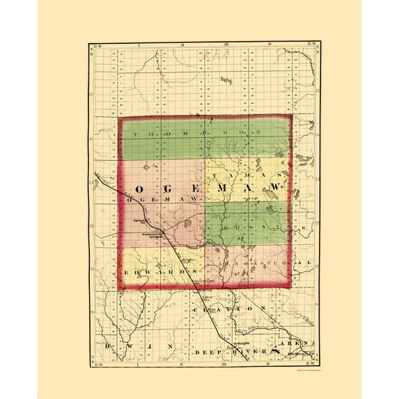 Historic County Map - Ogemaw County Michigan - Walling 1873 - Vintage Wall Art