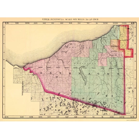 Historic County Map - Ontonagon County Michigan - Walling 1873 - 23 x 30.71 - Vintage Wall Art