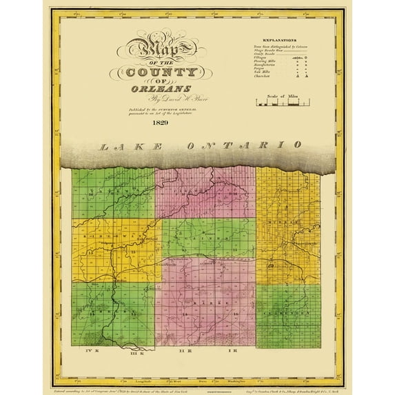 Historic County Map - Orleans County New York - Burr 1829 - Vintage Wall Art