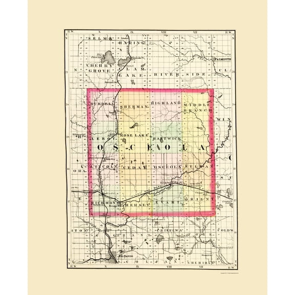 Historic County Map - Osceola Michigan County - Walling 1873 - 23 x 28.30 - Vintage Wall Art