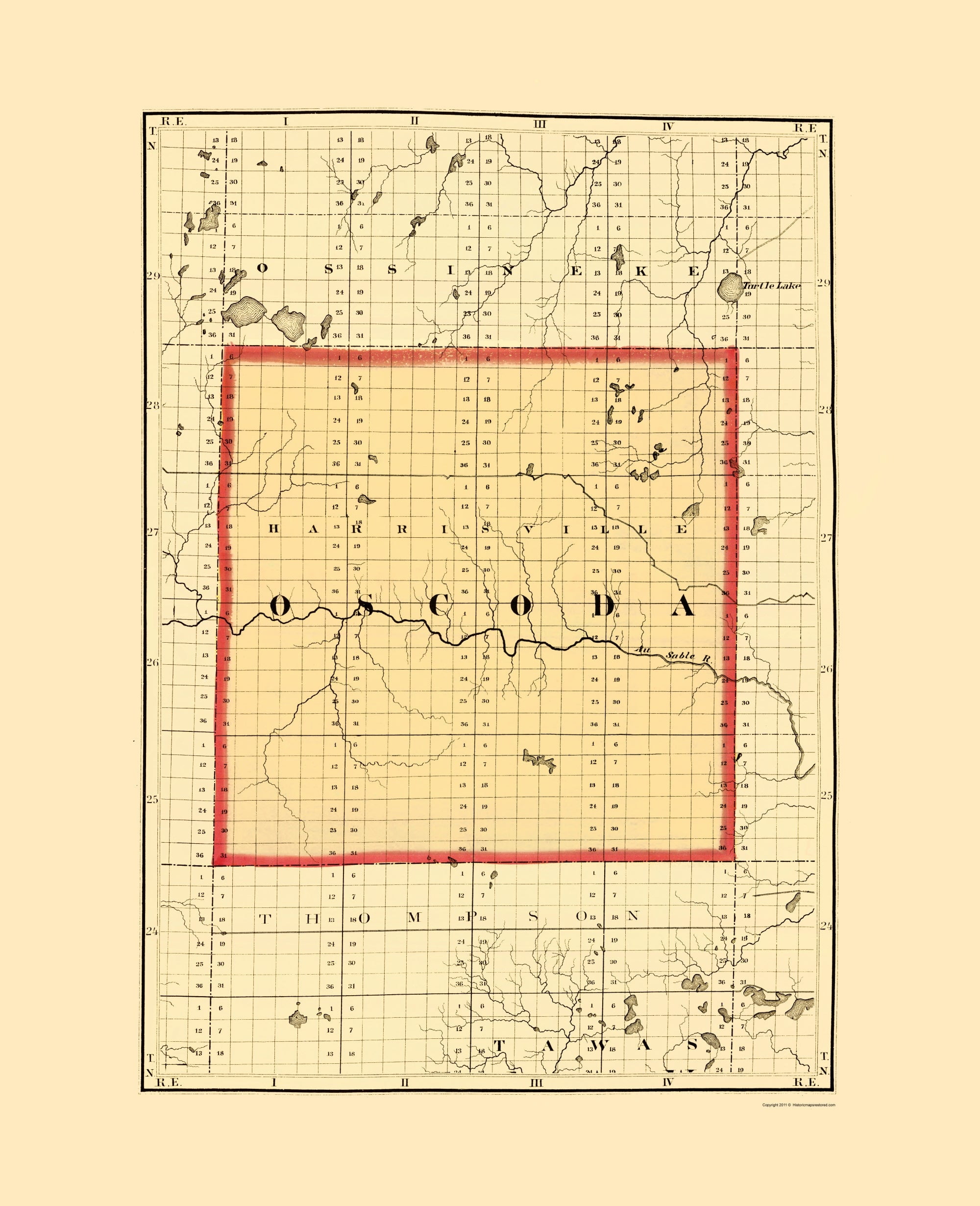 Historic County Map - Oscoda County Michigan - Walling 1873 - 23 x 28. ...