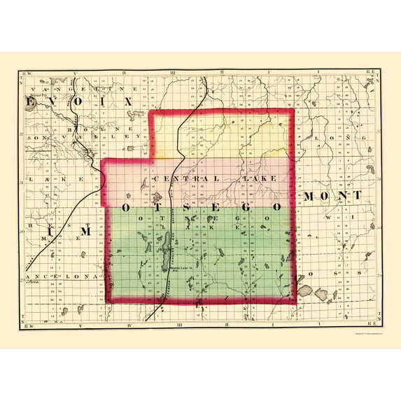 Historic County Map - Otsego County Michigan - Walling 1873 - 23 x 30.98 - Vintage Wall Art