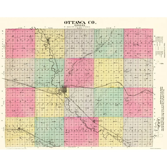 Historic County Map - Ottawa County Kansas - Everts 1887 - Vintage Wall Art
