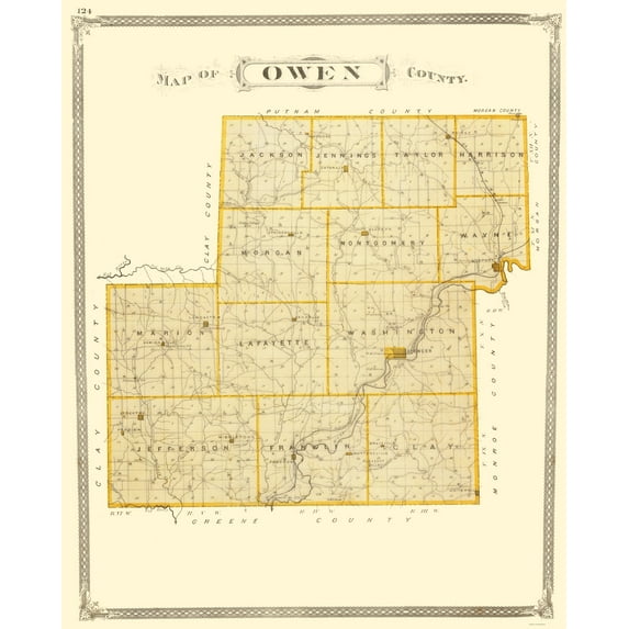 Historic County Map - Owen County Indiana - Baskin 1876 - Vintage Wall Art