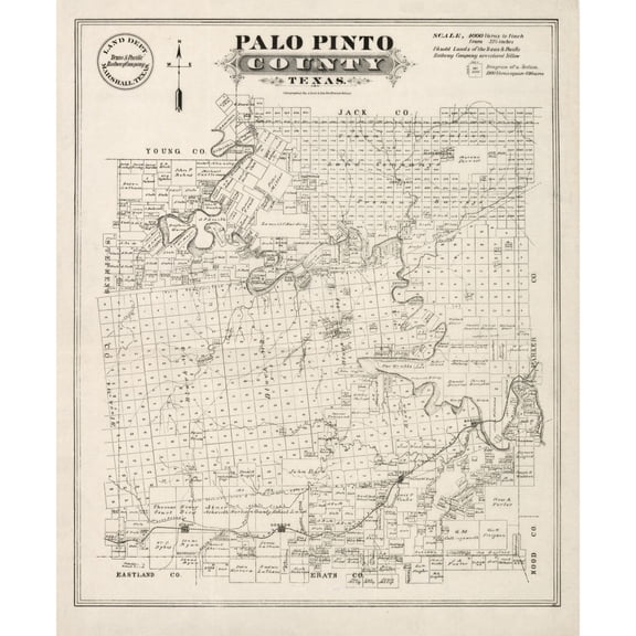 Historic County Map - Palo Pinto County Texas - Gast 1880 - Vintage Wall Art