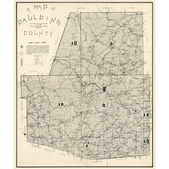 Historic County Map - Paulding County Georgia - West 1896 - 23 x 27.42 - Vintage Wall Art